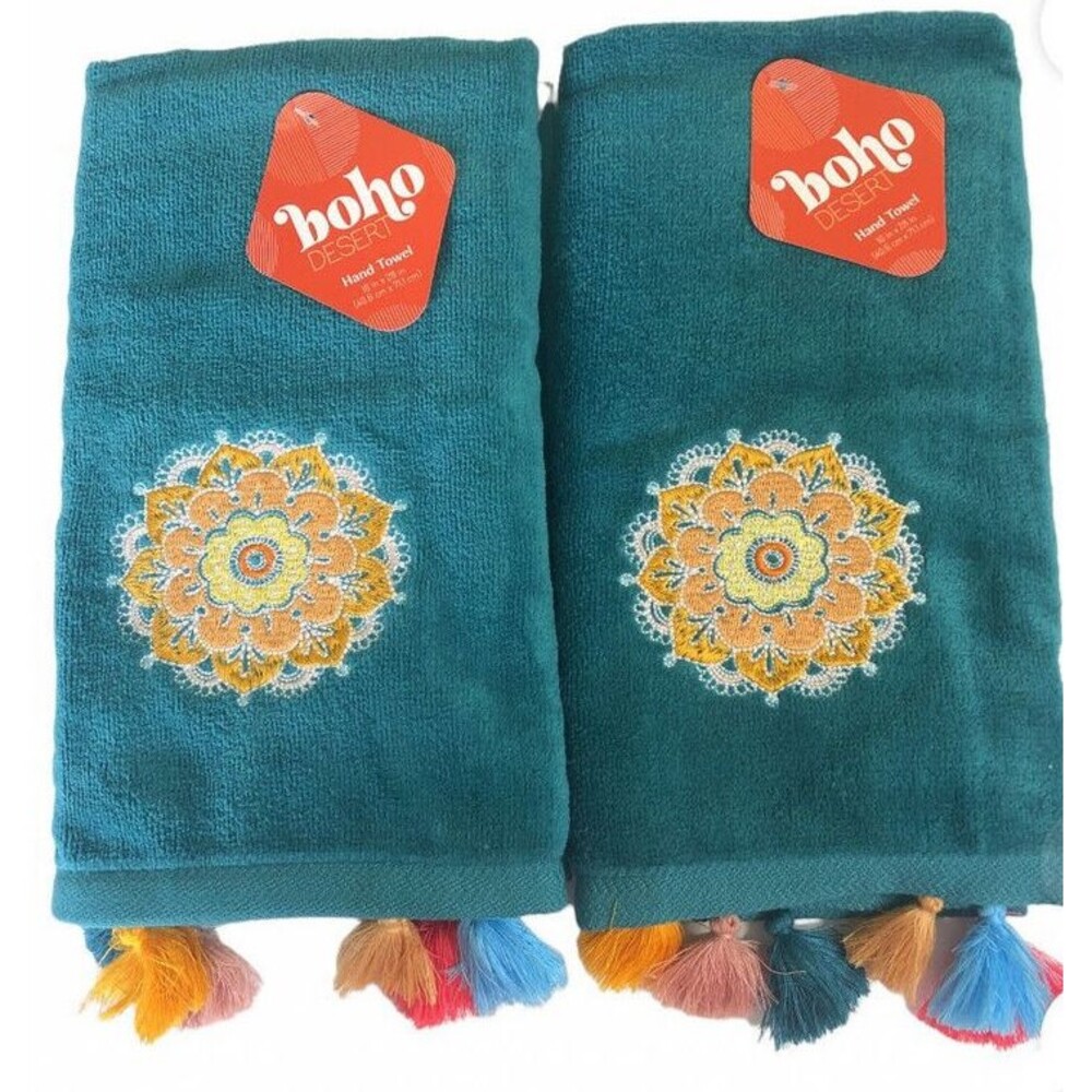Boho Desert Southwest Hand Towels Embroidered Tassels Native Turquoise Set of 2
